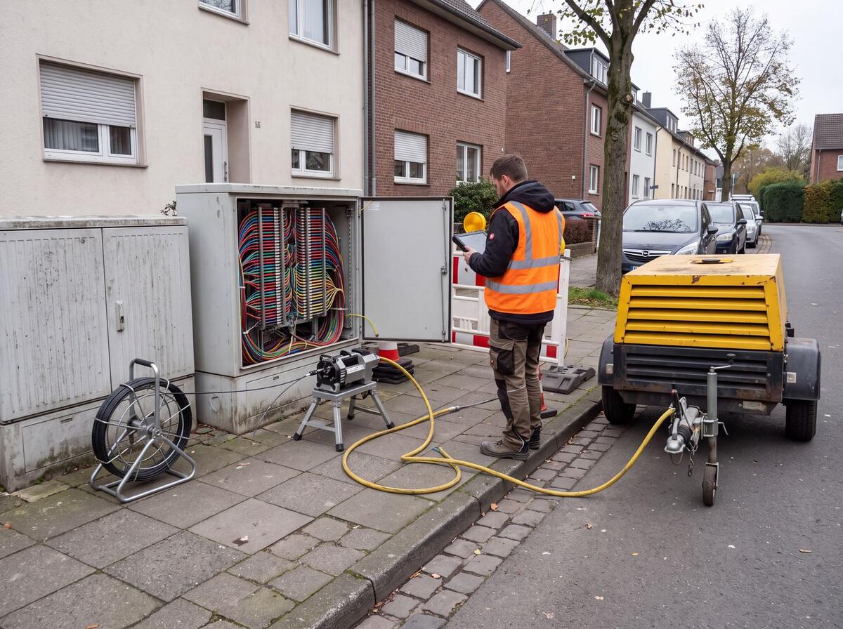 Techniker am geöffneten Netzverteiler, daneben Einblasgerät, Kabeltrommel und Kompressor