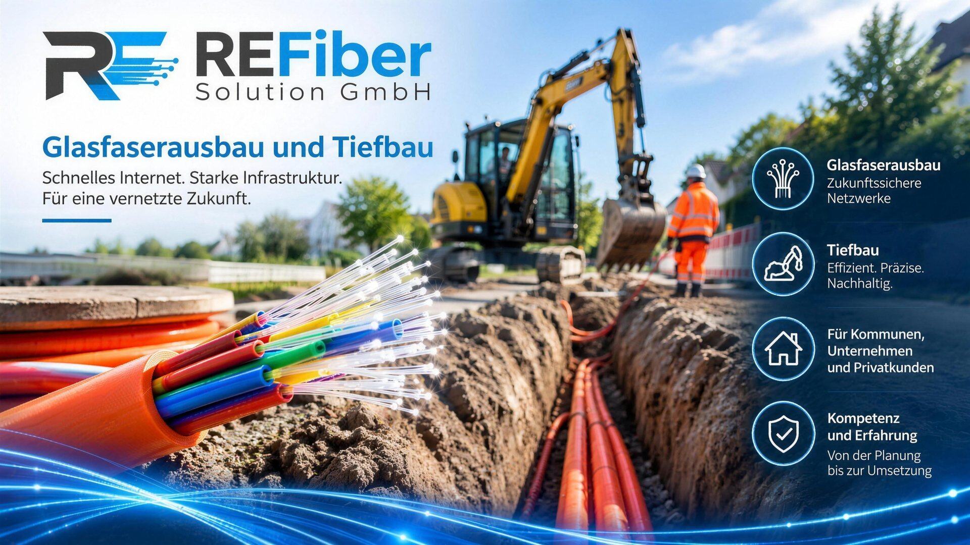 REFiber Solution GmbH, Glasfaserausbau und Tiefbau: Schnelles Internet, starke Infrastruktur, für eine vernetzte Zukunft. Bagger am offenen Graben mit orangen Leerrohren und Glasfaserkabel.