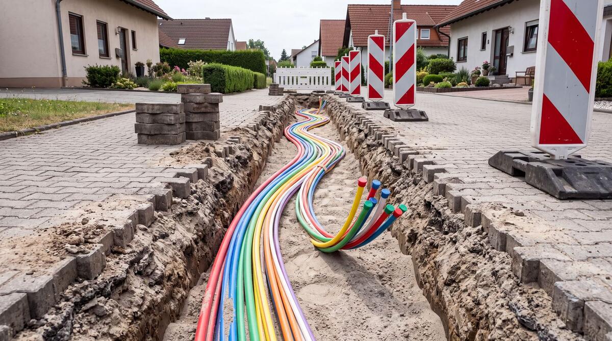 Bunte Mikrorohre liegen im Sandbett eines Grabens im Gehweg