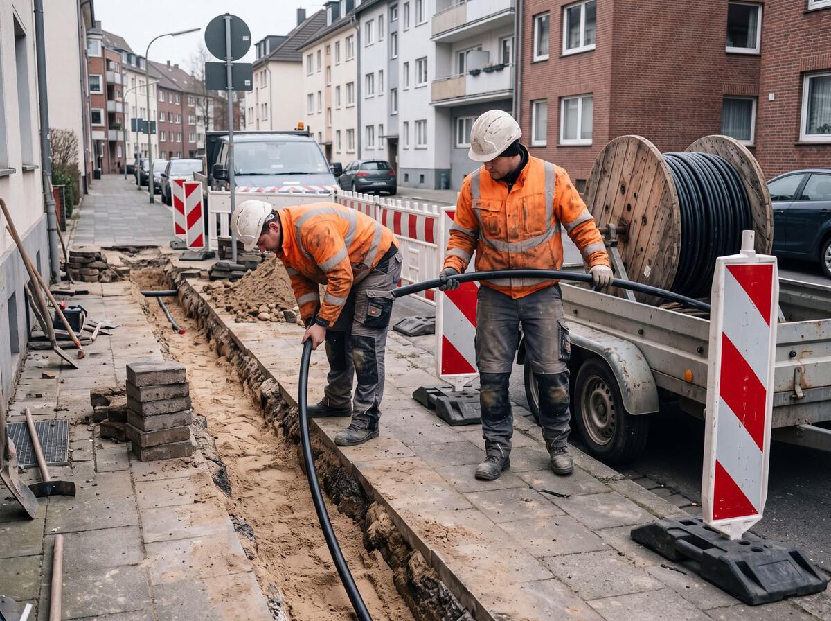 Zwei Mitarbeiter ziehen einen schwarzen Mikrorohrverband von einer Kabeltrommel in den Graben